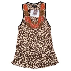 T-Bags LA Leopard Print Sleeveless Tank Top Beaded Neck Boho Chic Indie Eclectic